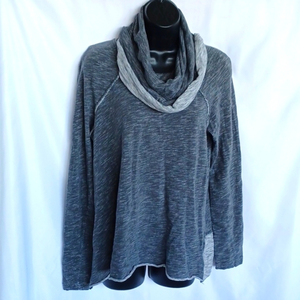 FP Beach Free People CowlNeck Pullover Raw Hem Heather Gray Comfy Top M, 20"Ptp